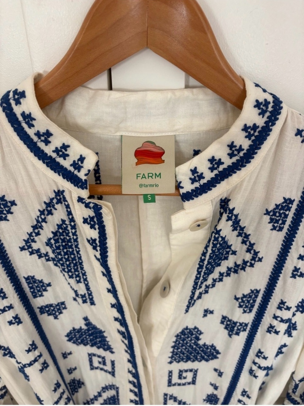 Farm Rio Embroidered White & Blue Boho Dress with Belt - Picture 2 of 4